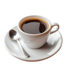 Obraz premium A cup of black coffee with a spoon on a white plate, isolated on a transparent background. PNG file.