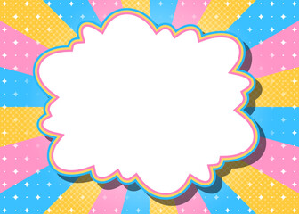 ハーフトン柄入りのサンバーストとフレームの背景、キラキラパターンのデコレーション、ポップなデザイン、雲型のフレーム