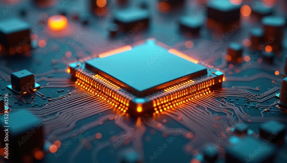 Poster close-up view of microchip on circuit board. intricate details with glowing elements. tech concept. 