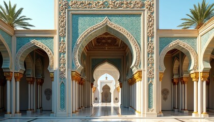 Obraz premium Elegant Islamic arch with intricate floral design, building architecture, arabic ornament. Detailed traditional pattern, arabesque, decorative elements. Sacred geometry mosque motif.