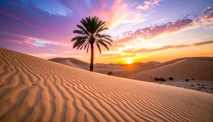 Vibrant Desert Sunset with Solitary Palm Tree