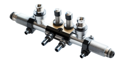 Fuel injector and rail system, Transparent background, PNG file
