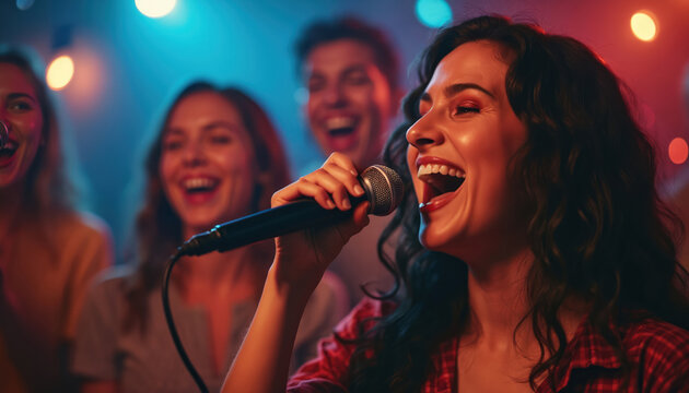 Friends enjoy karaoke night singing. Young woman holds microphone sings her favorite song. People have fun at party. Group of people happy to celebrate. Vocal performances at bar, music entertainment.