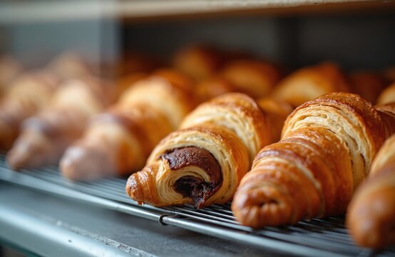 Close-up of delicious fresh baked french pastries in bakery showcase. Chocolate croissants are on metal shelf. Ideal for cafe, breakfast, brunch or dessert menu design.