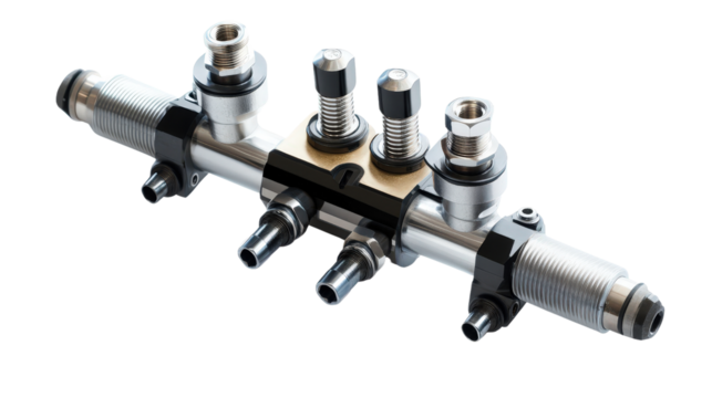 Fuel injector and rail system, Transparent background, PNG file