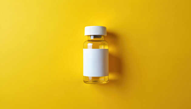 Vial labeled GLP-1 medication on yellow background. Represents treatment drug, diabetes medicine, weight loss therapy, injection, healthcare, medical research, clinical trials. Pharmaceutical