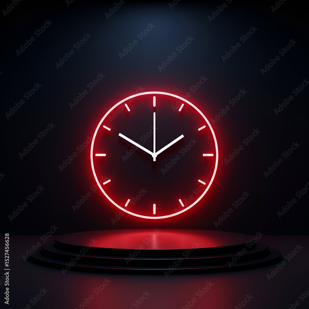 Poster neon red clock on a dark podium with a dark background. modern, minimalist display of a clock for a 