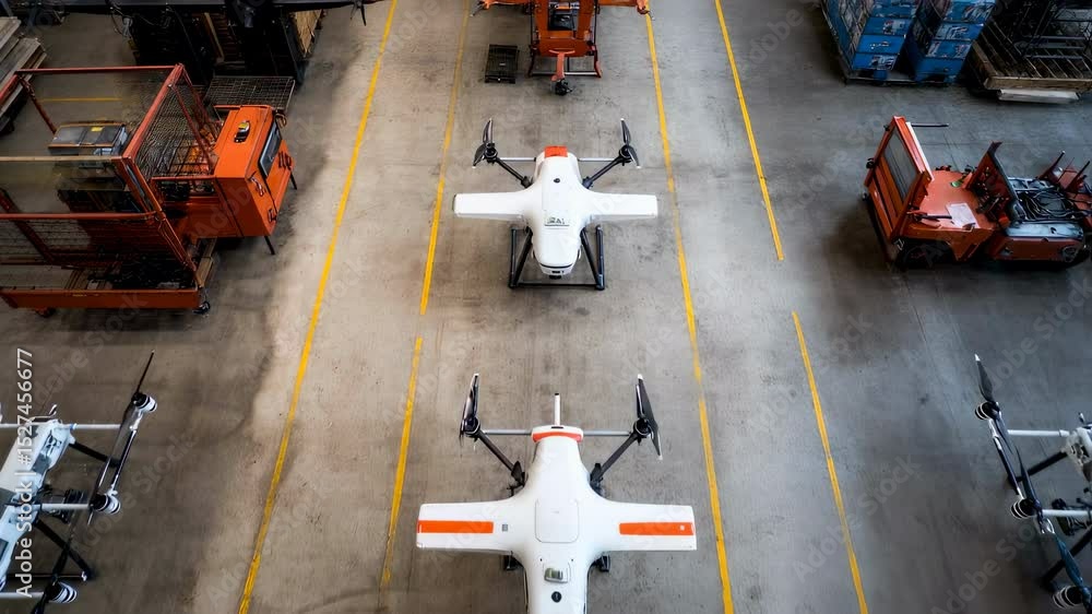 Poster multiple agricultural drones await deployment in a warehouse, showcasing their advanced technology a