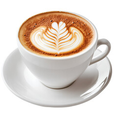 Cappuccino coffee with latte art, isolated on a transparent background. Cutout PNG file, high resolution, high quality.