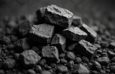 Close-up black and white photo showcasing coal textures. Rough surface, natural pattern, dark background. Mineral resource for energy, industry, power generation. Environment impact. Fuel.