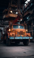 Old industrial truck inside a dimly lit warehouse