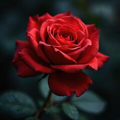 Elegant red rose blooms against dark background. Beauty, nature, botanical, floral arrangement in garden setting. Symbol of love, passion, romance. Perfect decoration for romantic occasions.