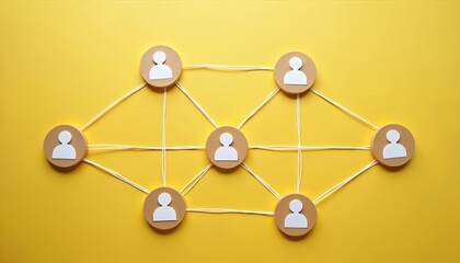 Abstract teamwork network community concept on yellow background. Business, social, communication, marketing, technology concepts. Global market vision, e-business growth, career, client, location,
