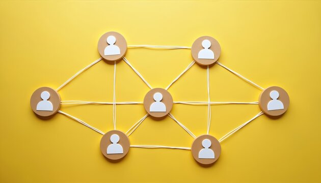 Abstract teamwork network community concept on yellow background. Business, social, communication, marketing, technology concepts. Global market vision, e-business growth, career, client, location,