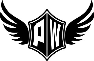 PW logo emblem with winged and shield template