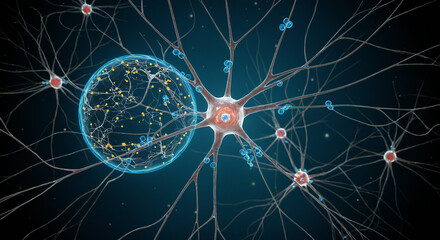 Detailed digital illustration of neural network with interconnected neurons and synapses - scientific visualization