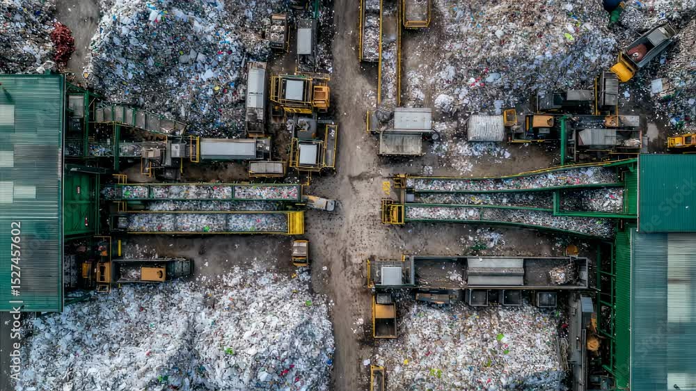 Poster modern waste sorting facility managing trash and garbage separation with automated conveyors and hea
