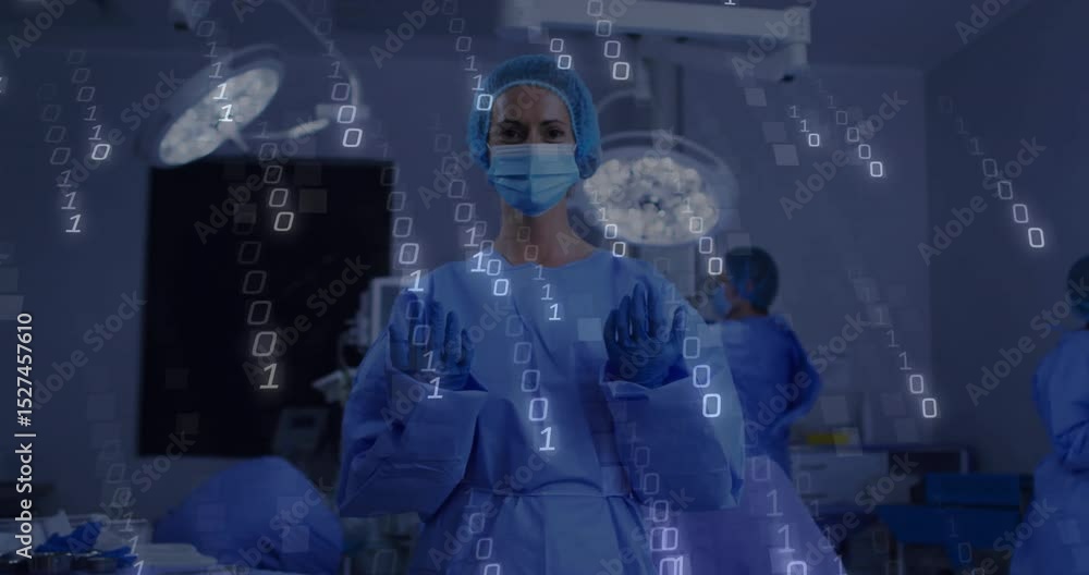Poster lead surgeon raising hands and activating binary overlay in surgical or while team prepping
