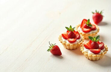 Delicious dessert tartlets with vanilla cream, ripe strawberries mint leaves on white wooden table background with copy space. Fresh berries, sweets, bakery, treat, healthy food.