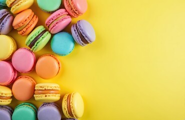 Obraz premium Colorful macaroons arranged on vibrant yellow background. Pastry desserts with various fillings for culinary, pastry, sweet treats. Perfect for social media, advertising projects, product demos, food