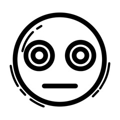 Outline style drawing of a circular emoji with wide, blank eyes and a flat line for a mouth, conveying a stunned or expressionless state. Concepts related to emotion, bewilderment, surprise, reaction