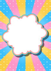 ハーフトン柄入りのサンバーストとフレームの背景、キラキラパターンのデコレーション、ポップなデザイン、雲型のフレーム、縦向き