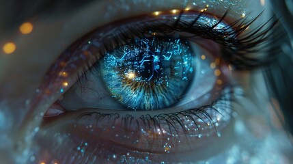 Close up of a human eye with a circuit board pattern reflected in the iris and long eyelashes