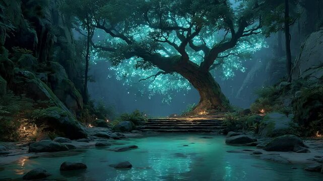 Enchanting woodland stream landscape with glowing tree and magical turquoise water