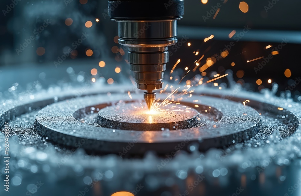 Poster cnc machine metal cutting process. intense sparks water dynamic movement creating intricate details.
