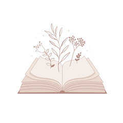 Hand drawn open book with floral elements