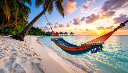 Tropical Beach Hammock Sunset Scene