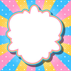 ハーフトン柄入りのサンバーストとフレームの背景、キラキラパターンのデコレーション、ポップなデザイン、雲型のフレーム、正方形サイズ