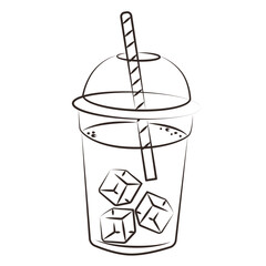 Vector illustration of a cup with three ice cubes and a straw, highlighting a refreshing drink concept. The minimalistic black and white design emphasizes simplicity and clarity.