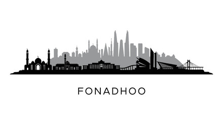 Naklejka premium Fonadhoo Cityscape Silhouette with Maldives Skyline.