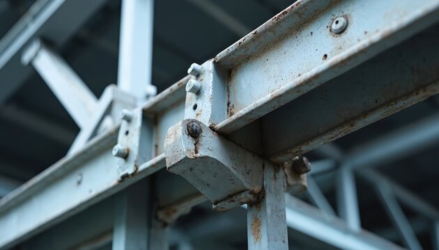 Close-up shot of metal beams secured by bolts, forming industrial structural framework. Steel architecture construction components, connections, engineering design. Old rusty surfaces, grunge texture.