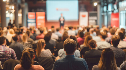 Rear view of audience listening to entrepreneur giving motivational talk, large banner with startup logo in background, contemporary business setting