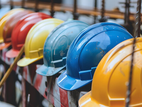 A row of colorful hard hats used for construction and safety are arranged on a metal rack - Powered by Adobe