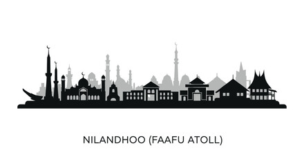 Fototapeta premium Nilandhoo Atoll Skyline with Maldives, and Black Silhouette.
