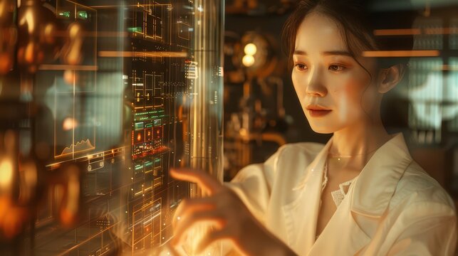 A Thoughtful Scientist Examines Advanced Data Interfaces in a High-Tech Laboratory Environment, Merging Innovation with Analytical Expertise