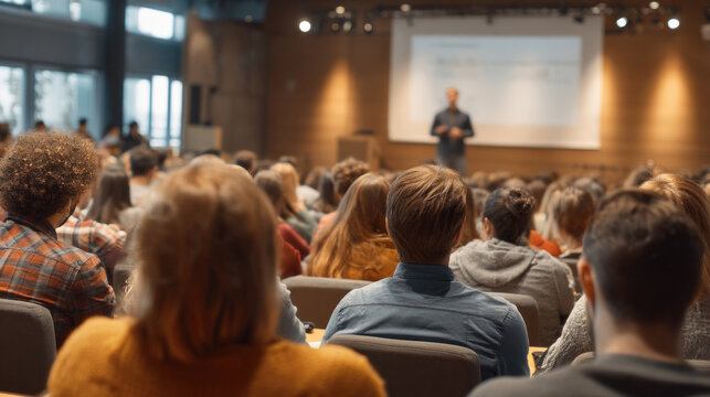 Rear view of diverse university students listening to male professor presenting on stage, seminar room with large screen, educational conference atmosphere