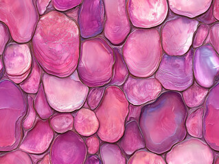 Vibrant pattern of pink and purple agate slices creates mesmerizing and colorful abstract background. polished stones display unique textures and natural beauty