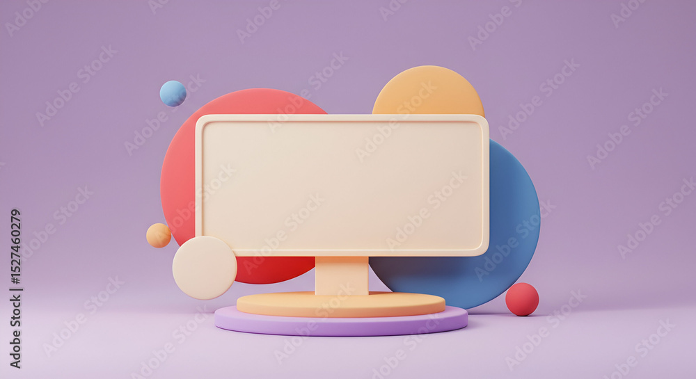 Poster pastel colored geometric shapes surrounding a blank computer monitor display on a multicolored platf