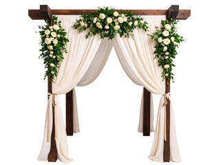Floral Wedding Arch with White Drapes and Greenery, Transparent PNG. 