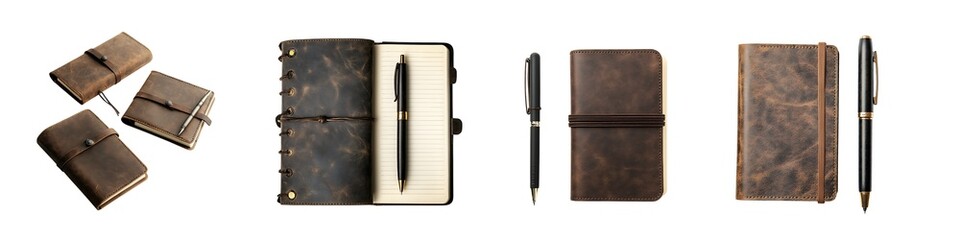 Set of leather notebook and pen isolated on transparent background