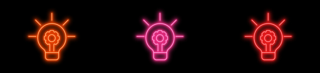 Bright neon lightbulb with gear icon set, glowing symbols for creative ideas, technological innovation, and optimized solutions on a black background vector illustration.