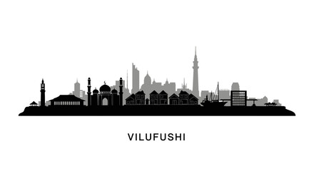 Vilufushi Skyline Silhouette with Maldives, and Black and White.
