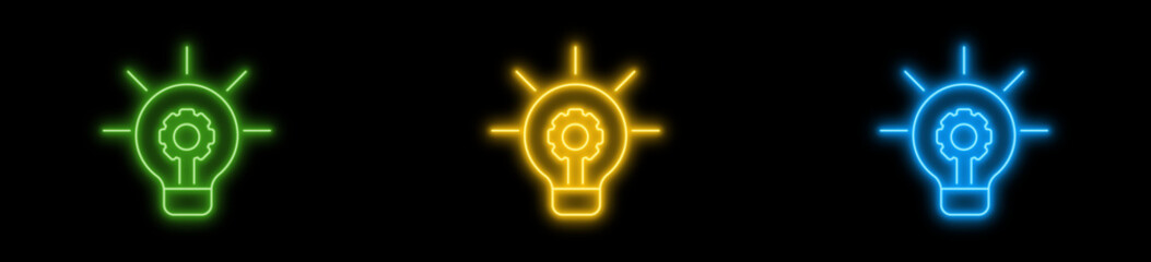 Vibrant neon lightbulb with gear icon set, glowing symbols for innovative ideas, technical solutions, and efficient process development on a dark background vector