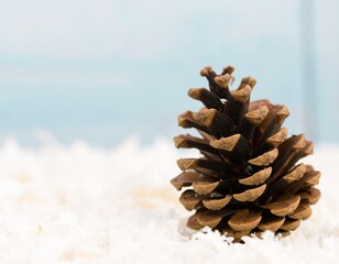 An ultra-detailed macro photograph of a single pine cone resting on a bed of frost-covered pine needles image