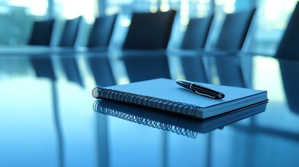Spiral notebook and pen on reflective conference table in modern office