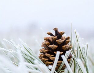 An ultra-detailed macro photograph of a single pine cone resting on a bed of frost-covered pine needles image